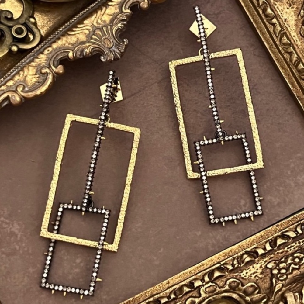 ALEXIS BITTAR • Gold & Gunmetal Brutalist Steampunk Link Crystal Drop Earrings - Picture 7 of 7